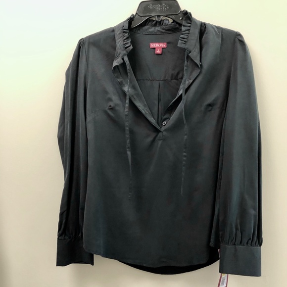 NWT Ruffled Collared Blouse with Tie in Black - Picture 2 of 15